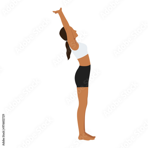 Young woman doing Extended Mountain Pose Backbend Interlocked Hands or Utthita Tadasana Backbend Baddhanguliyasana. Flat vector illustration isolated on white background