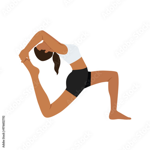 Young womanWoman doing One Footed King Pigeon Pose or Mermaid Pose yoga exercise. Flat vector illustration isolated on white background