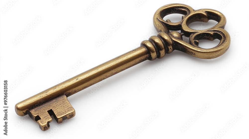 An antique brass key with intricate design and a classic shape. An antique brass key with intricate design and a classic shape.