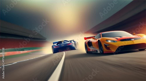 Generic red racing cars moving at high speed with motion blur on the race track. powerful race cars racing past an empty grandstand in sleek and aerodynamic.