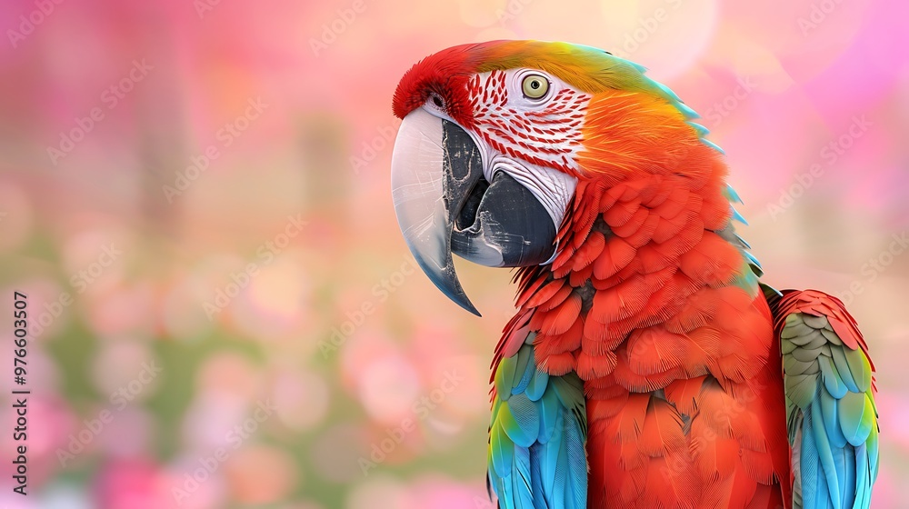 Fototapeta premium Colorful Scarlet Macaw Parrot Close Up with Pink Background