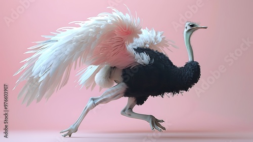 Ostrich Running with Wings Spread on Pink Background photo