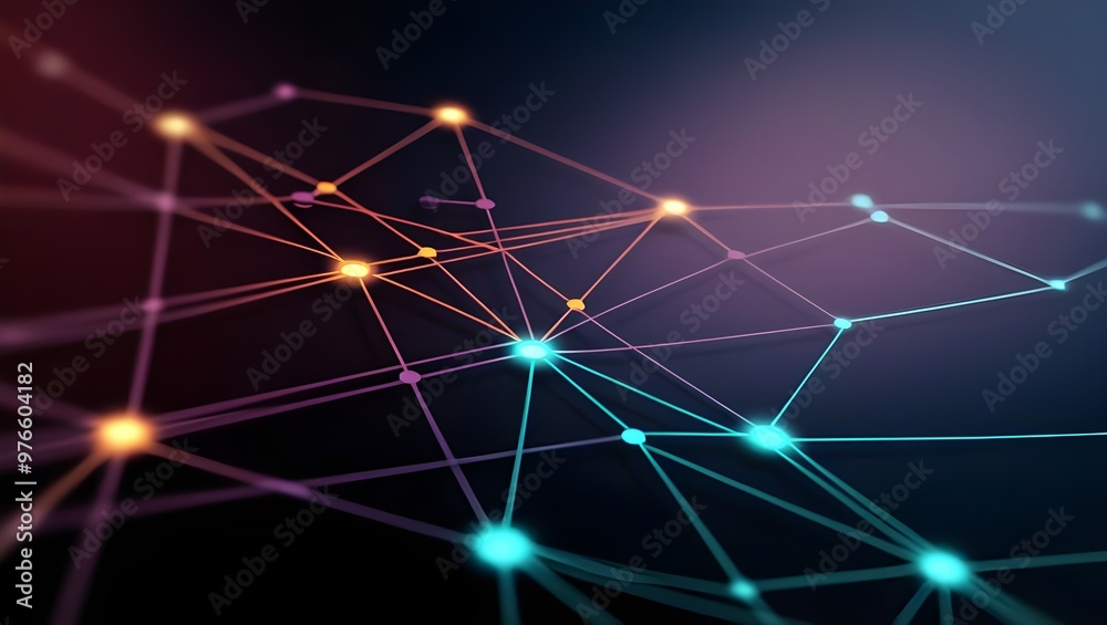 A detailed, dark technology background displaying an interconnected mesh network. The mesh lines glow in neon orange and turquoise, with neon dots marking the intersection points background A detailed, dark technology background displaying an interconnected mesh network. The mesh lines glow in neon orange and turquoise, with neon dots marking the intersection points background