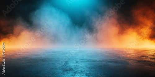 Abstract blue and orange gradient with smoke on the floor, product presentation background