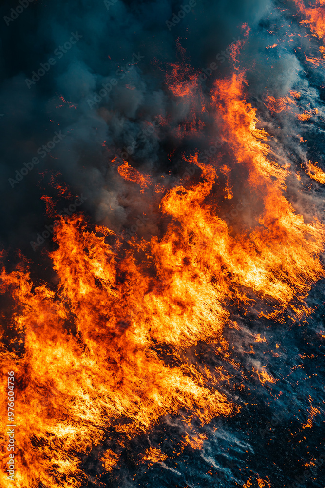 Overhead view of a massive wildfire spreading through dry vegetation
Overhead view of a massive wildfire spreading through dry vegetation