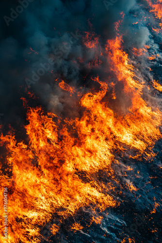 Overhead view of a massive wildfire spreading through dry vegetation 