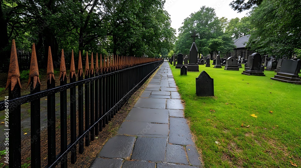 Gothic Wrought Iron Fence with Rusty Spikes Encompassing a Cemetery at Dusk Gothic Wrought Iron Fence with Rusty Spikes Encompassing a Cemetery at Dusk