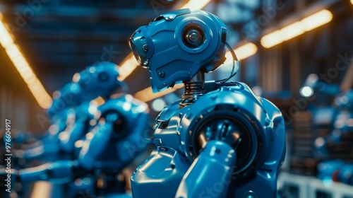 Blue industrial robots operating on a high-tech assembly line