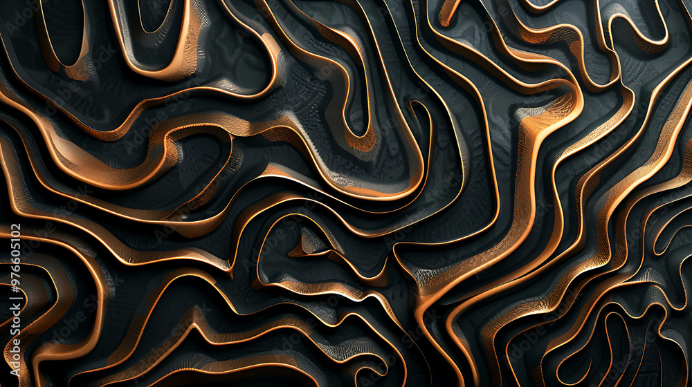 Abstract 3D rendering of a copper and black wavy pattern. Abstract 3D rendering of a copper and black wavy pattern.