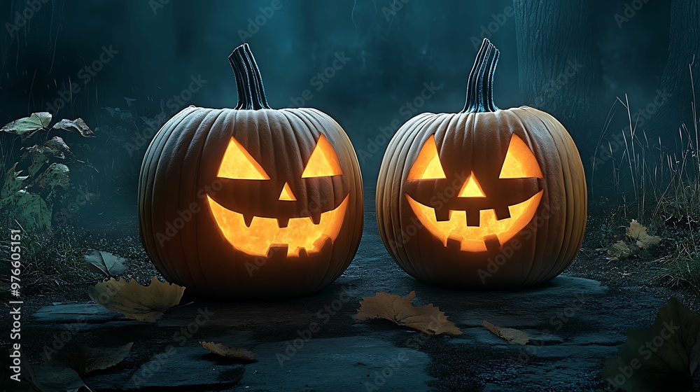 Eerie Glow of Jack-O-Lanterns in a Mysterious Garden at Night Eerie Glow of Jack-O-Lanterns in a Mysterious Garden at Night