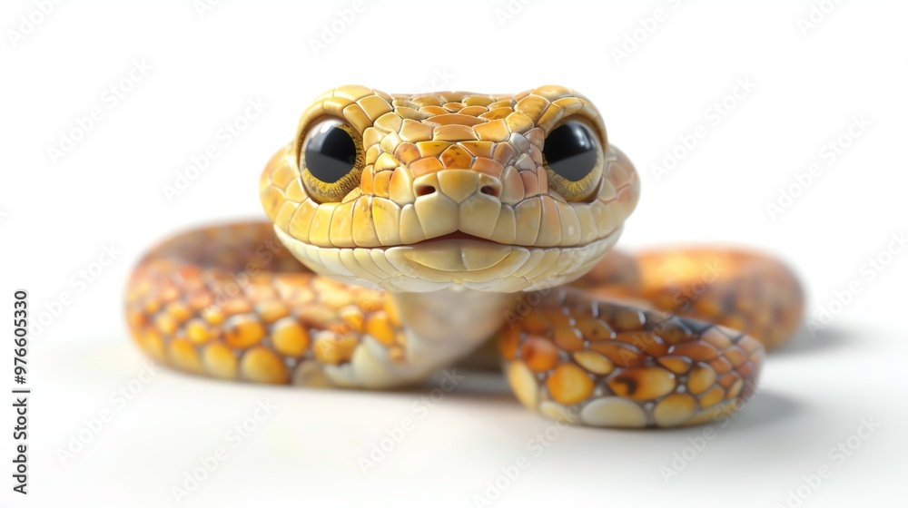 Fototapeta premium 3D illustration of a cute snake with big eyes, isolate on white background, front view, soft lighting, detailed scales and playful expression