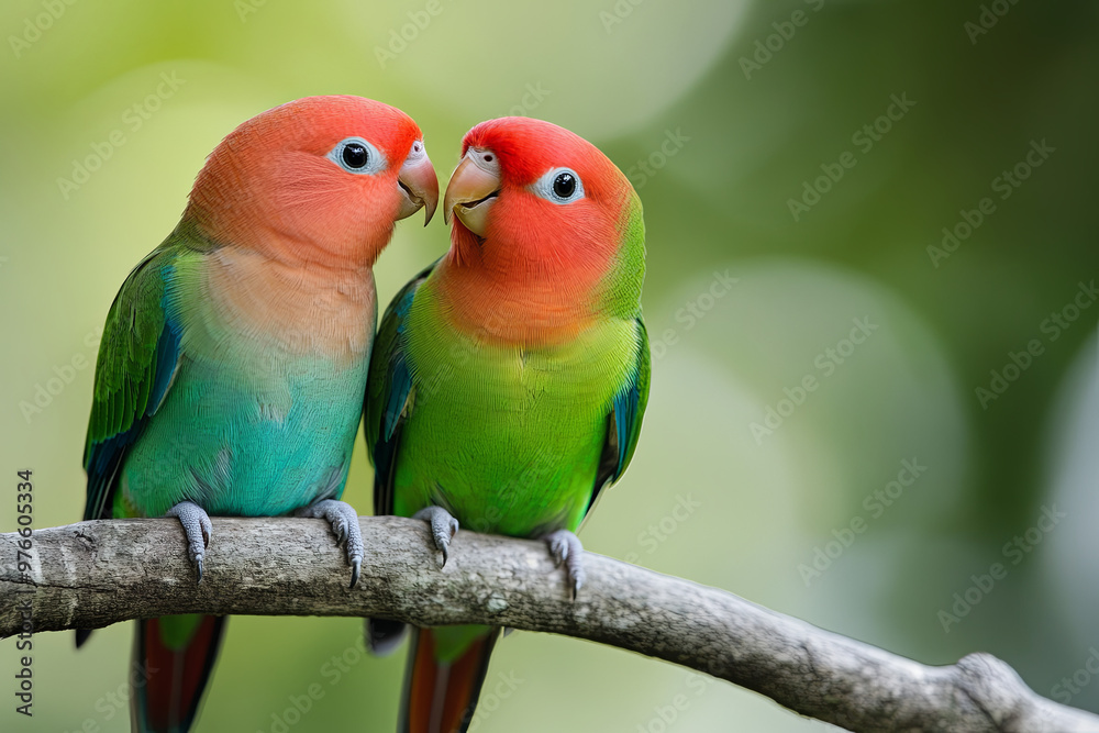 Obraz premium Lovebirds perched closely together on a branch 