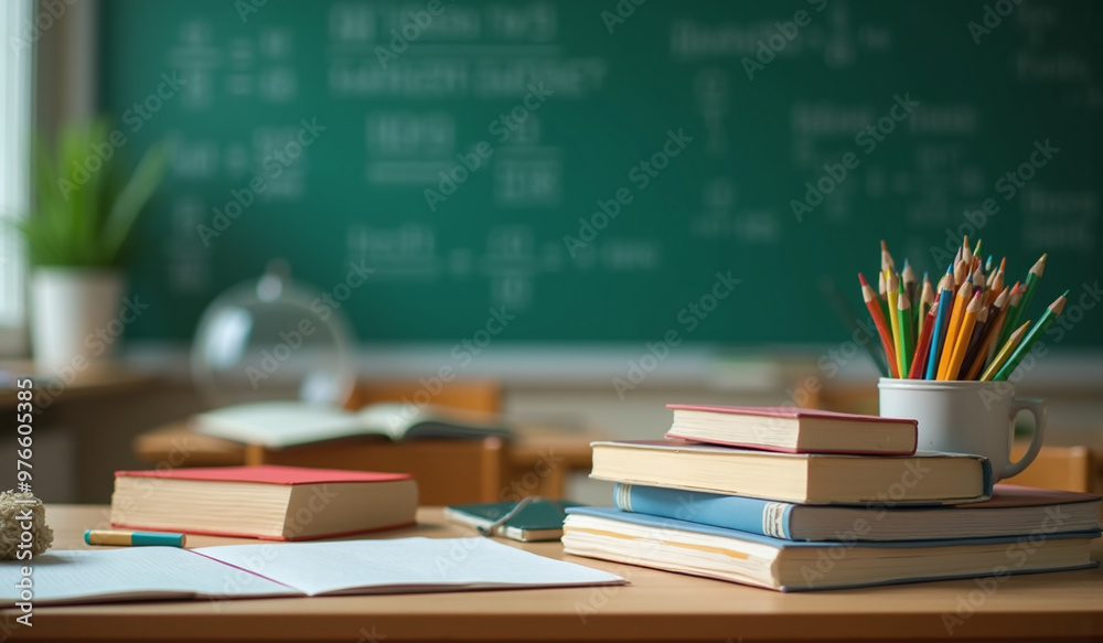 Back To School, Books, pen, Pencils, notebook, chalk, duster, With black board. background concept. Ai generated. Back To School, Books, pen, Pencils, notebook, chalk, duster, With black board. background concept. Ai generated.