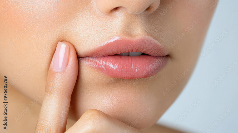 Obraz premium A close up of persons lips and finger, showcasing subtle expression of contemplation and allure. soft, glossy finish of lips adds to overall aesthetic appeal