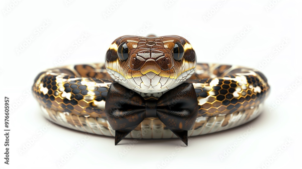 3D illustration of a playful snake with a bow tie, isolate on white background, front view, bright lighting, realistic scales and adorable accessory 3D illustration of a playful snake with a bow tie, isolate on white background, front view, bright lighting, realistic scales and adorable accessory