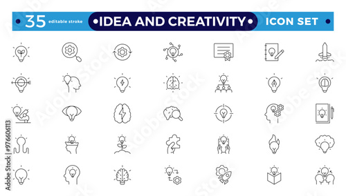 Idea and creativity outline icon set. Innovation icon set. Containing creativity, invention, prototype, visionary, idea generation, agile, revolution, and more. Editable stroke outline icon. 
