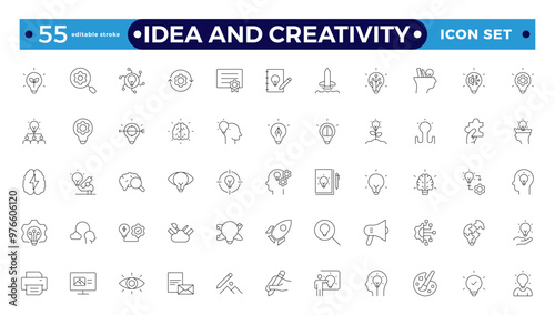 Idea and creativity outline icon set. Innovation icon set. Containing creativity, invention, prototype, visionary, idea generation, agile, revolution, and more. Editable stroke outline icon. 
