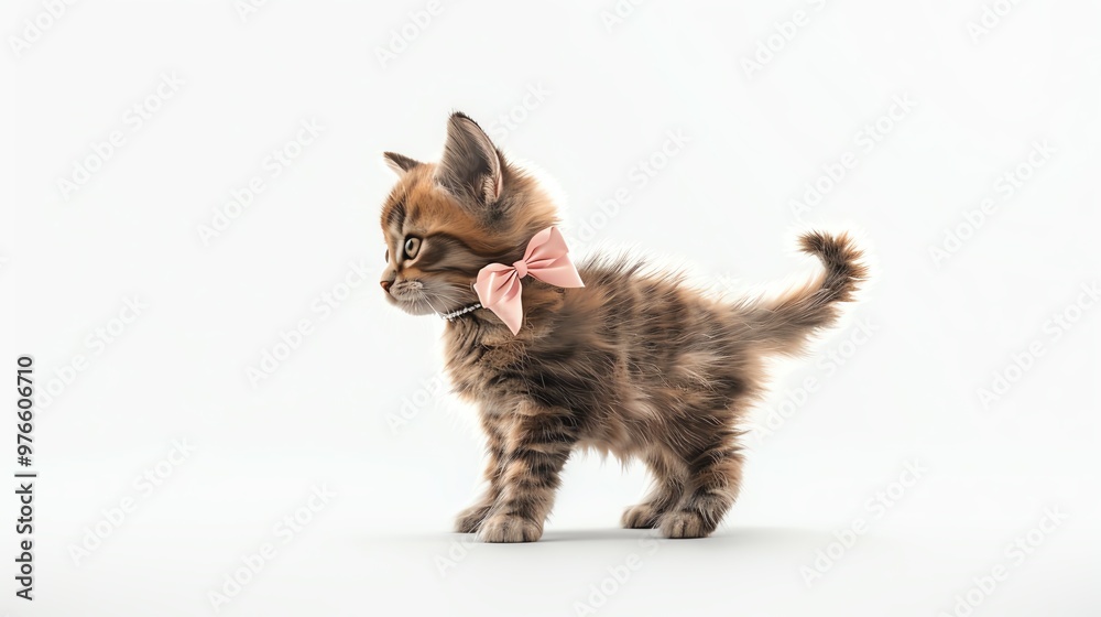 3D illustration of an adorable kitten with a bow, isolate on white background, side view, bright lighting, realistic fur and cute accessory 3D illustration of an adorable kitten with a bow, isolate on white background, side view, bright lighting, realistic fur and cute accessory