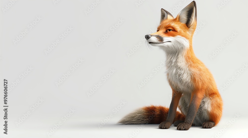 Fototapeta premium 3D illustration of an adorable fox cub sitting and smiling, isolate on white background, side view, natural lighting, realistic fur and playful expression