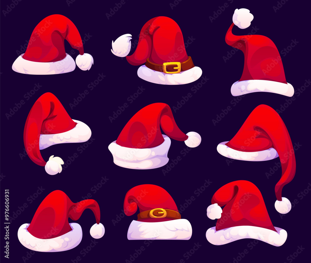 Cartoon Christmas Santa hats for winter holiday or greeting card, vector icons. Different Santa hats red with fur pompom and golden buckle for New Year decoration and Xmas holiday celebration Cartoon Christmas Santa hats for winter holiday or greeting card, vector icons. Different Santa hats red with fur pompom and golden buckle for New Year decoration and Xmas holiday celebration