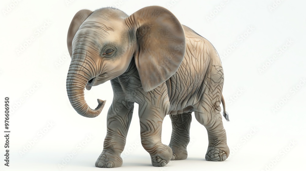 Fototapeta premium 3D illustration of an adorable baby elephant with big ears, isolate on white background, side view, natural lighting, realistic skin and playful pose