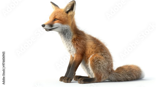 3D illustration of an adorable fox cub sitting and smiling, isolate on white background, side view, natural lighting, realistic fur and playful expression