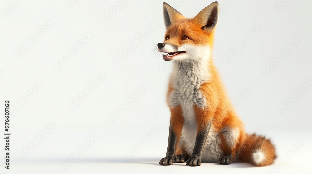 Obraz premium 3D illustration of an adorable fox cub sitting and smiling, isolate on white background, side view, natural lighting, realistic fur and playful expression