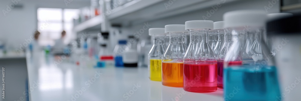 A laboratory room featuring a neatly arranged row of glass bottles filled with vibrant-colored liquids, highlighting the scientific environment and experimentation ambiance. A laboratory room featuring a neatly arranged row of glass bottles filled with vibrant-colored liquids, highlighting the scientific environment and experimentation ambiance.