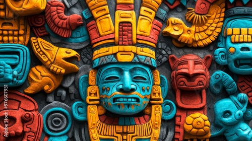 Vibrant Aztec Mayan Symbols with Intricate Colorful Details