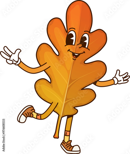 Cartoon groovy oak leaf thanksgiving character embodying the festive autumnal spirit with cheerful and a joyful expression. Isolated vector retro hippie y2k tree leaf personage celebrating fall season
