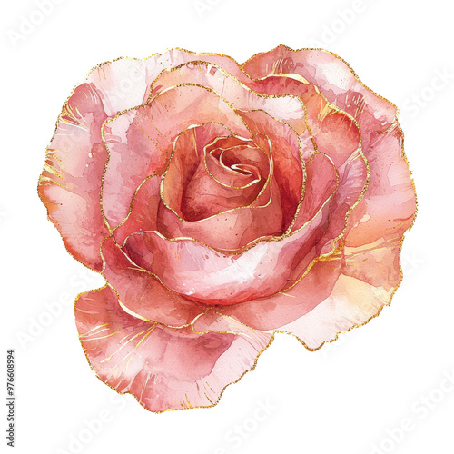 “Shimmering Elegance: Watercolor Rose with Gold Outlines”