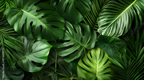 Lush green tropical leaves arranged in a vibrant pattern.