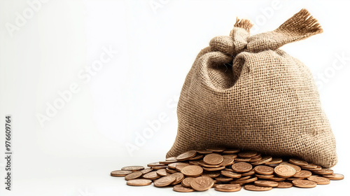 A rustic burlap sack brimming with coins, symbolizing the essence of wealth, smart savings, and financial stability. photo