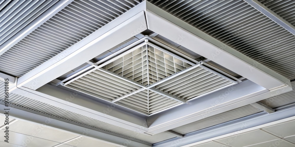 A close-up shot of a white air conditioning ventilation system on a ceiling features metal grating and adjustable A close-up shot of a white air conditioning ventilation system on a ceiling features metal grating and adjustable