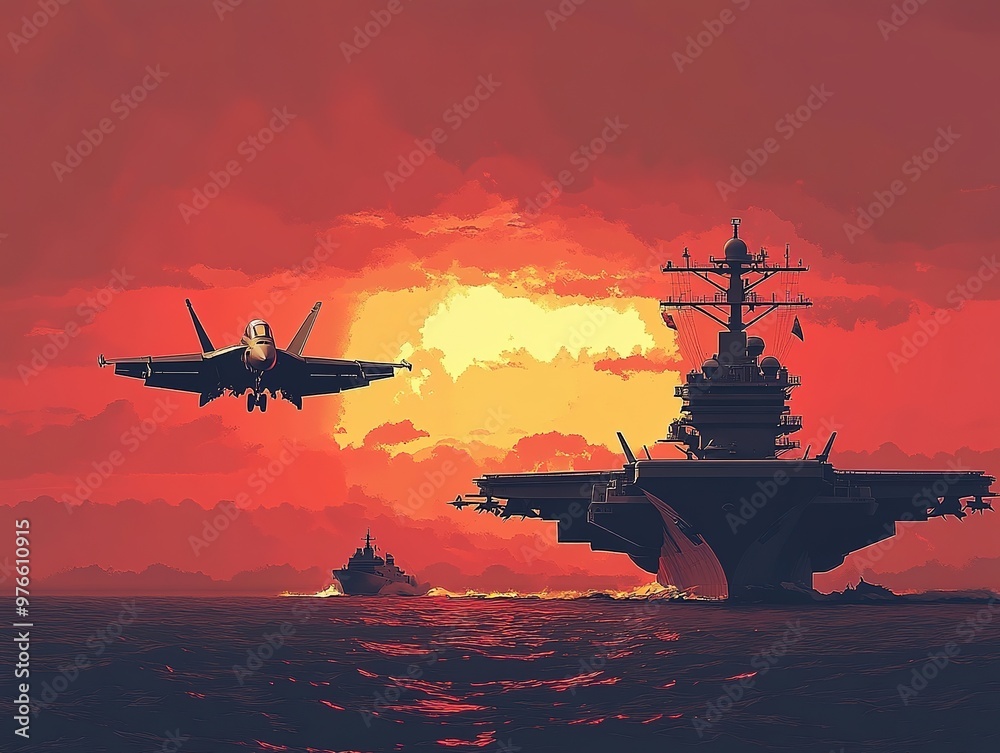 A fighter jet flies over an aircraft carrier at sunset. . A fighter jet flies over an aircraft carrier at sunset. .