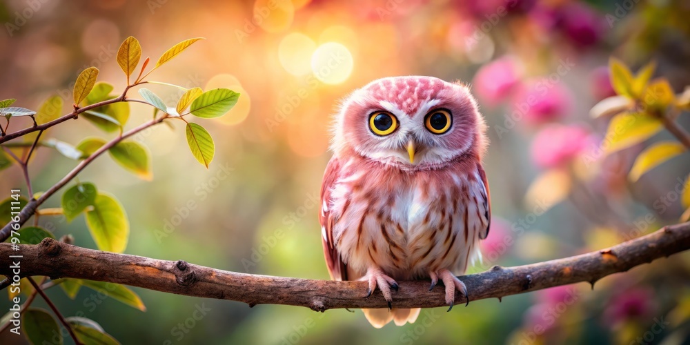 A delicate pink owl rests quietly on a slender tree branch, its downy plumage glowing softly as it A delicate pink owl rests quietly on a slender tree branch, its downy plumage glowing softly as it