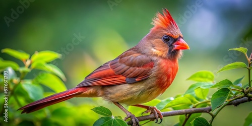 A fledgling female cardinal perches precariously on a branch, her brilliant red feathers glowing against the leafy photo