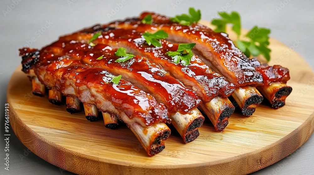 Juicy rack of ribs covered in a sticky barbecue glaze, glistening with sauce, served on a wooden platter Juicy rack of ribs covered in a sticky barbecue glaze, glistening with sauce, served on a wooden platter