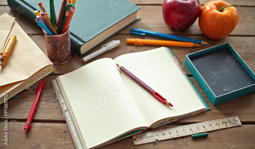 Back To School, Books, pen, Pencils, notebook, chalk, duster, background concept. Ai generated. photo