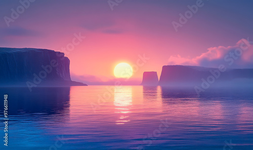 Surreal sunset over ocean, pastel hues, distant rock, calm water, ethereal and peaceful scene