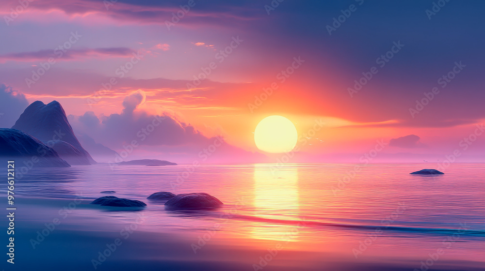Fototapeta premium Surreal sunset over ocean, pastel hues, distant rock, calm water, ethereal and peaceful scene