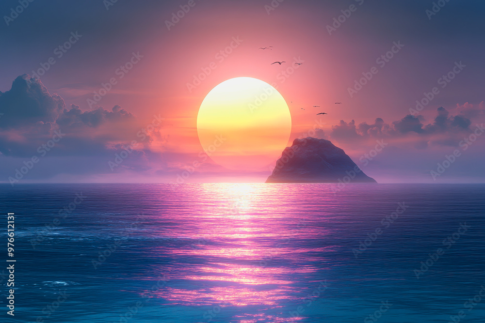 Surreal sunset over ocean, pastel hues, distant rock, calm water, ethereal and peaceful scene Surreal sunset over ocean, pastel hues, distant rock, calm water, ethereal and peaceful scene