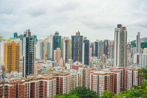 The colorful landscape of the apartment and office buildings in the residential area of Sham Shui Po, Hong Kong island photo