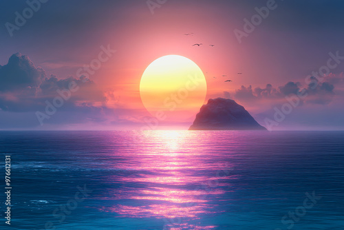 Surreal sunset over ocean, pastel hues, distant rock, calm water, ethereal and peaceful scene