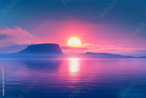 Surreal sunset over ocean, pastel hues, distant rock, calm water, ethereal and peaceful scene