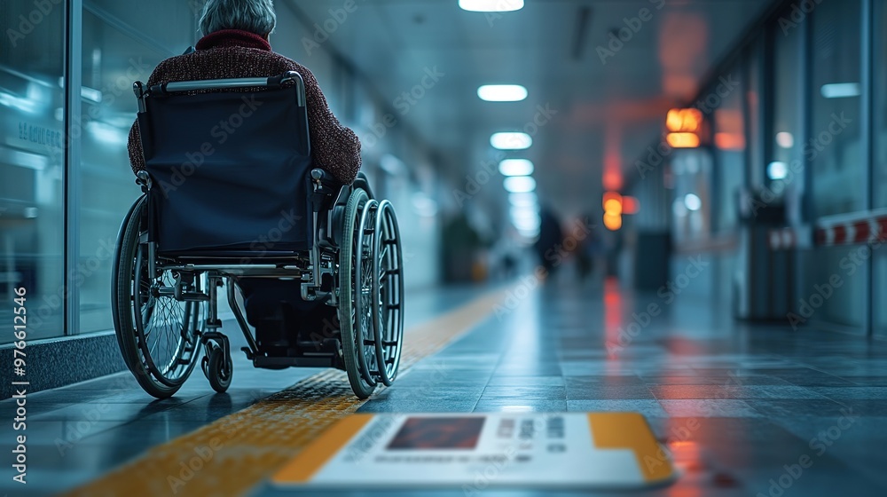 A person in a wheelchair rolls down a hospital corridor. .
