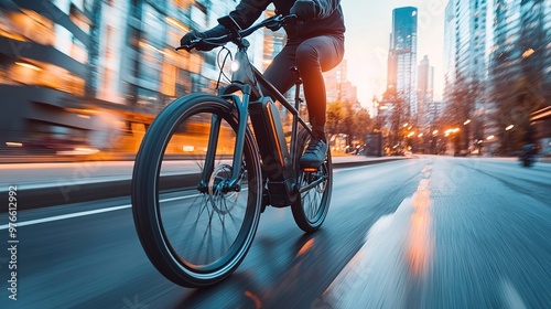 A cyclist rides a black e-bike on a city street, with the background blurred for a sense of speed