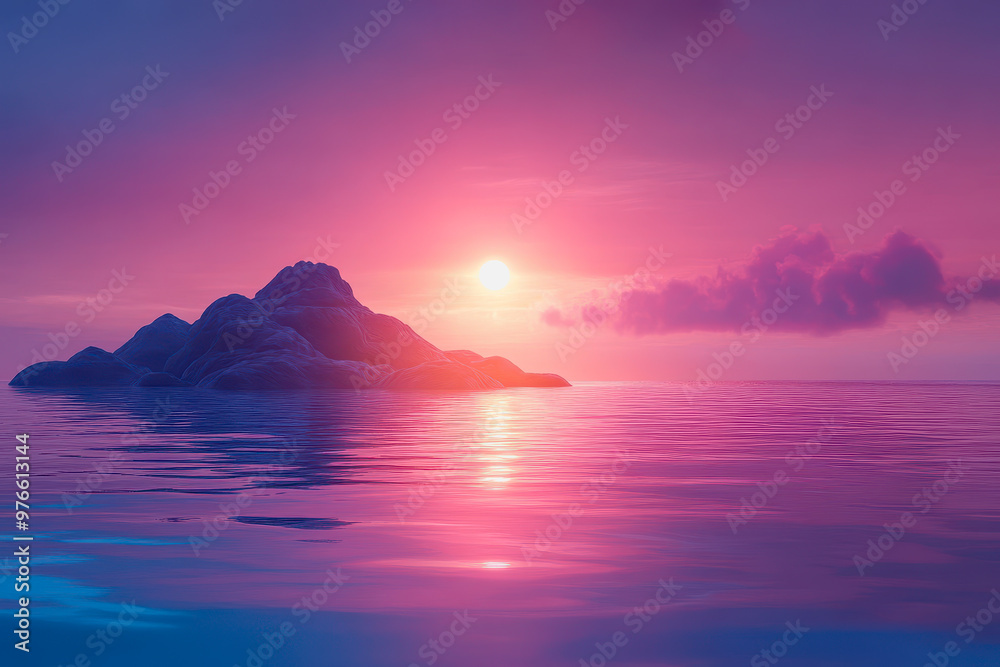 Fototapeta premium Surreal sunset over ocean, pastel hues, distant rock, calm water, ethereal and peaceful scene