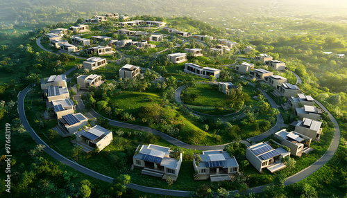 Aerial view of a modern, eco-friendly housing development on a hillside with lush greenery.