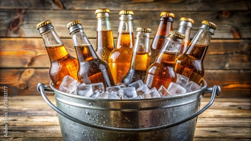 A large, galvanized metal container sits atop a picnic table, filled to the brim with chilled beer bottles,